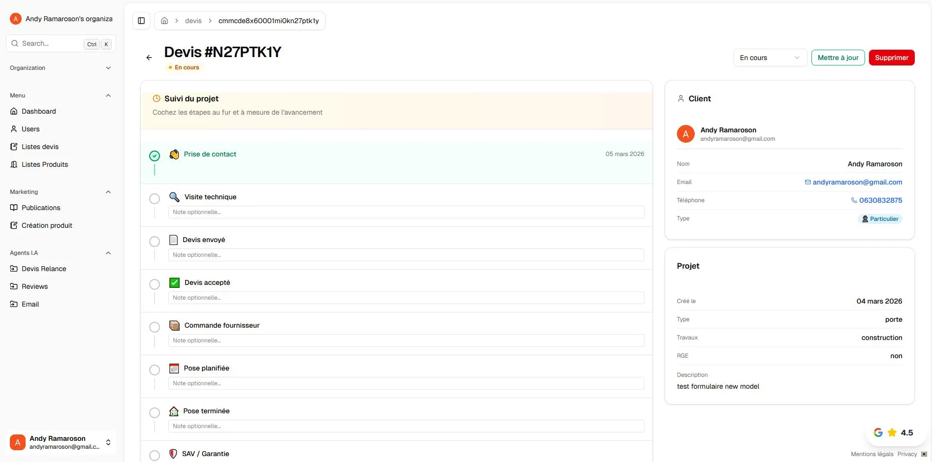 page admin gestion devis Segment.C