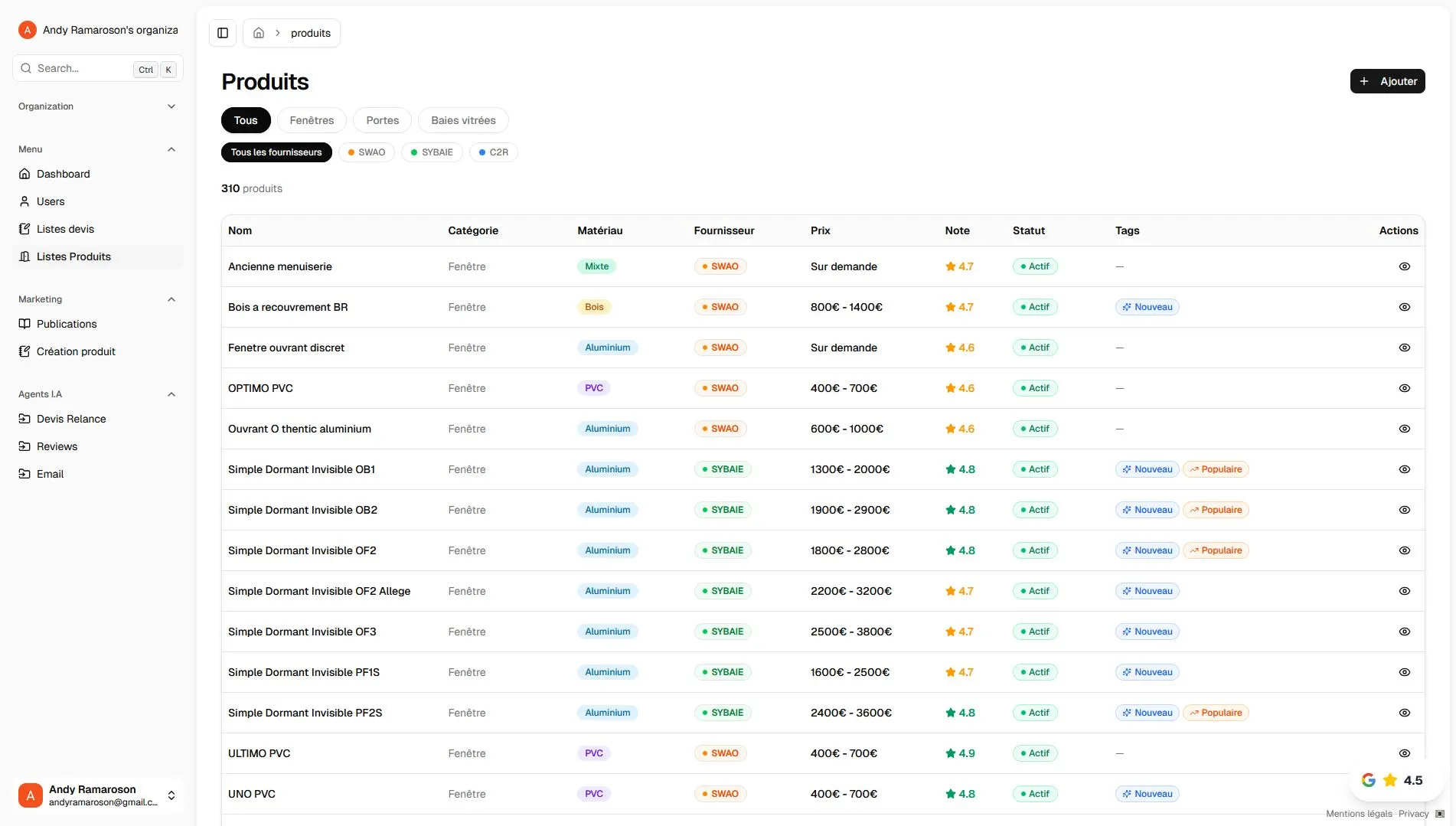 page admin gestion produits Segment.C